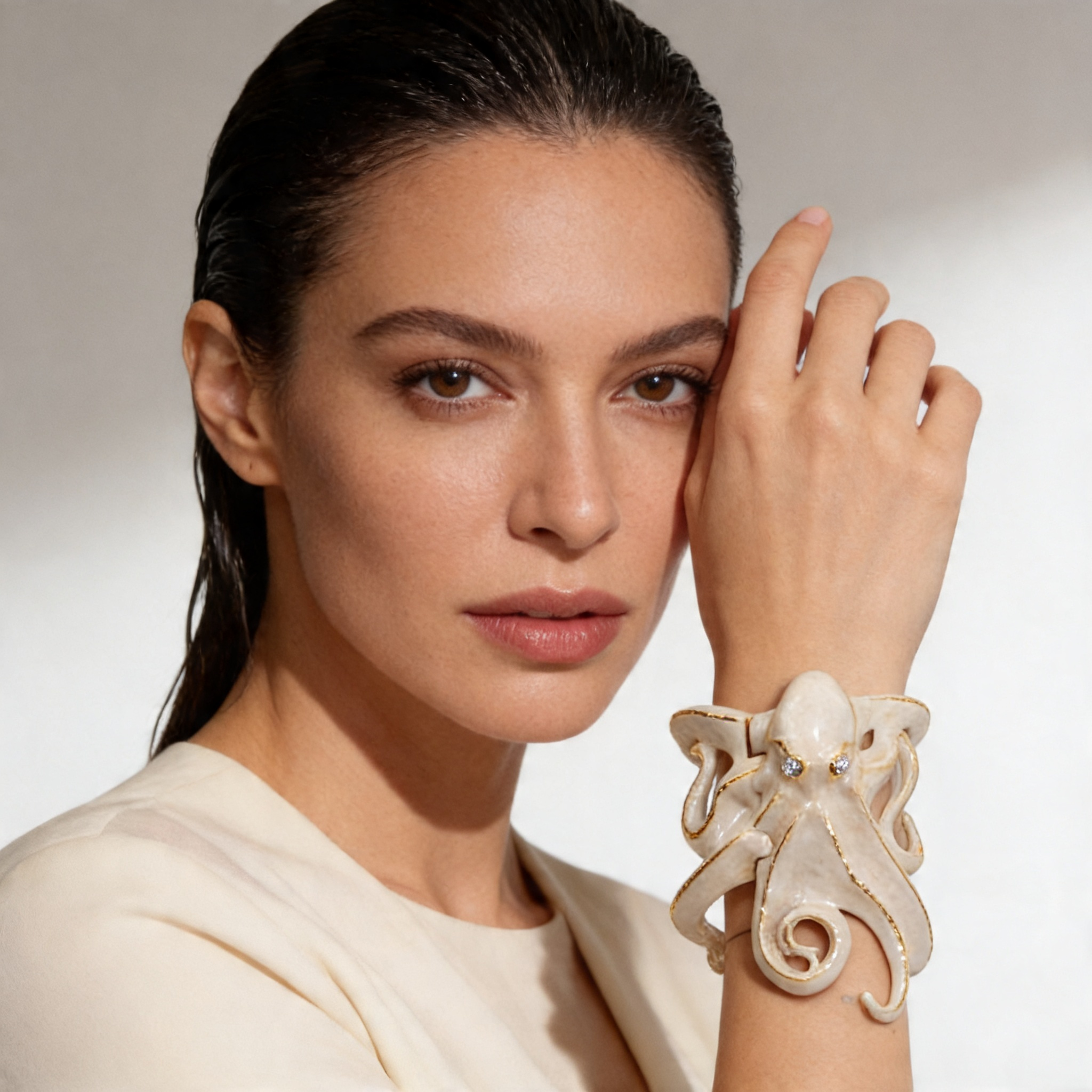 Octopus Sculpture Bracelet in Metal, 24K Gold and Polychrome Enamel