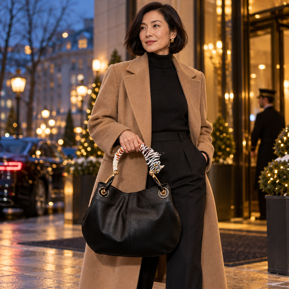 Woman carrying the INGA black leather medium handbag with rhino sculpture handle, styled for winter.