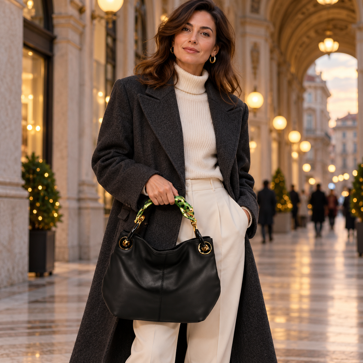 Woman carrying the INGA black leather medium handbag with frog sculpture handle, styled for winter.