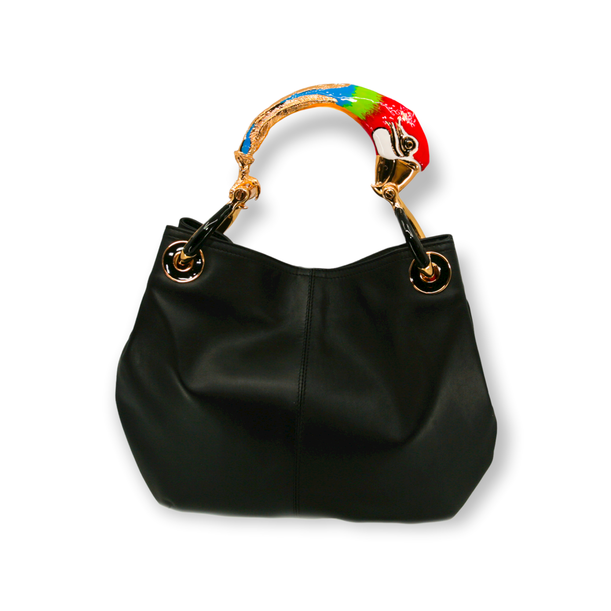 BORSA A MANO PICCOLA RED PARROT IN PELLE NERA DI ALTA QUALITÀ