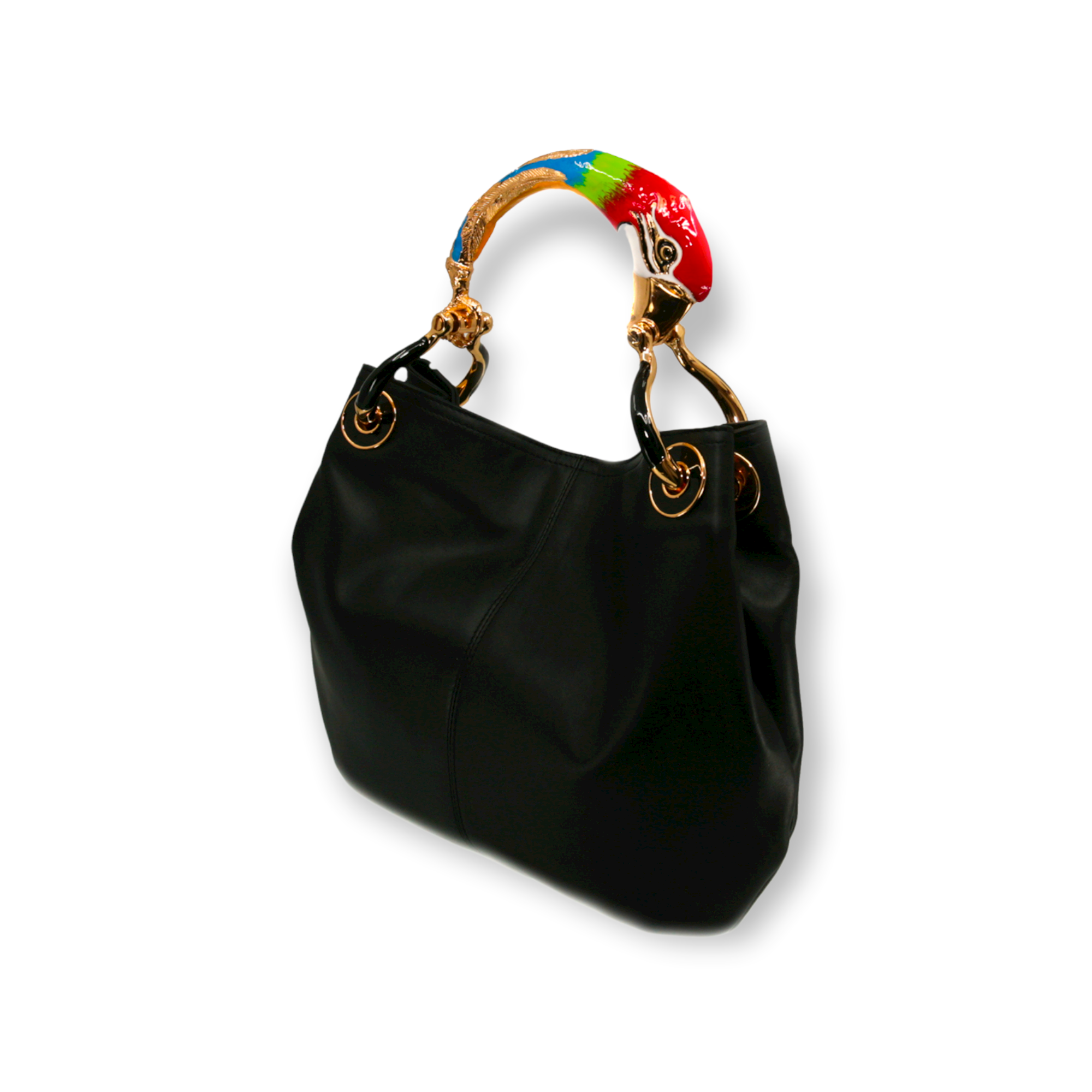 BORSA A MANO PICCOLA RED PARROT IN PELLE NERA DI ALTA QUALITÀ