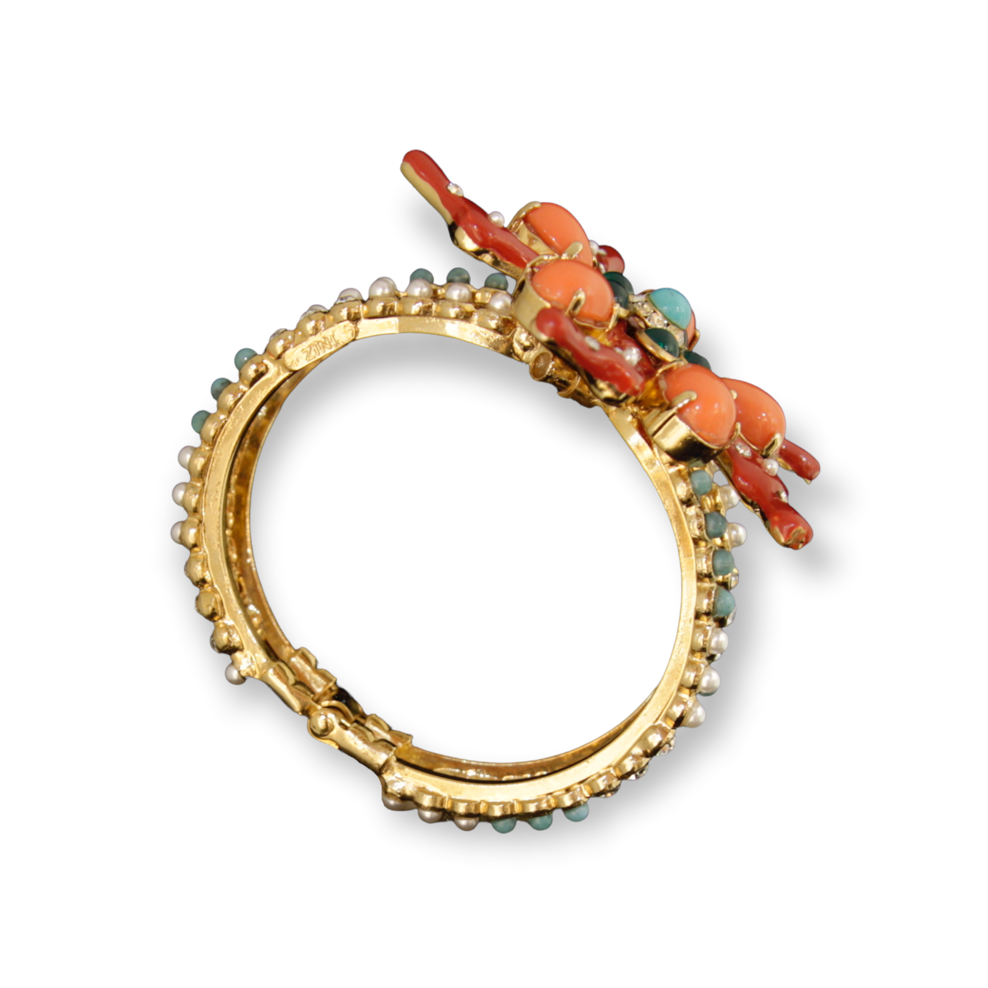 Made in Italy. Carlo Zini Magnificent bracelet with a coral reef theme Hypoallergenic rhodium plated in 18 KT gold and multicolor enamels elegant construction in swarovski crystals, pearls and multicolored resins 100% handmade