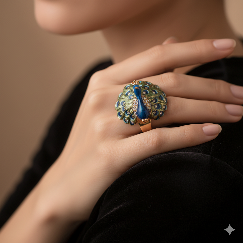 RING  PEACOCK WHIT CRYSTALS
