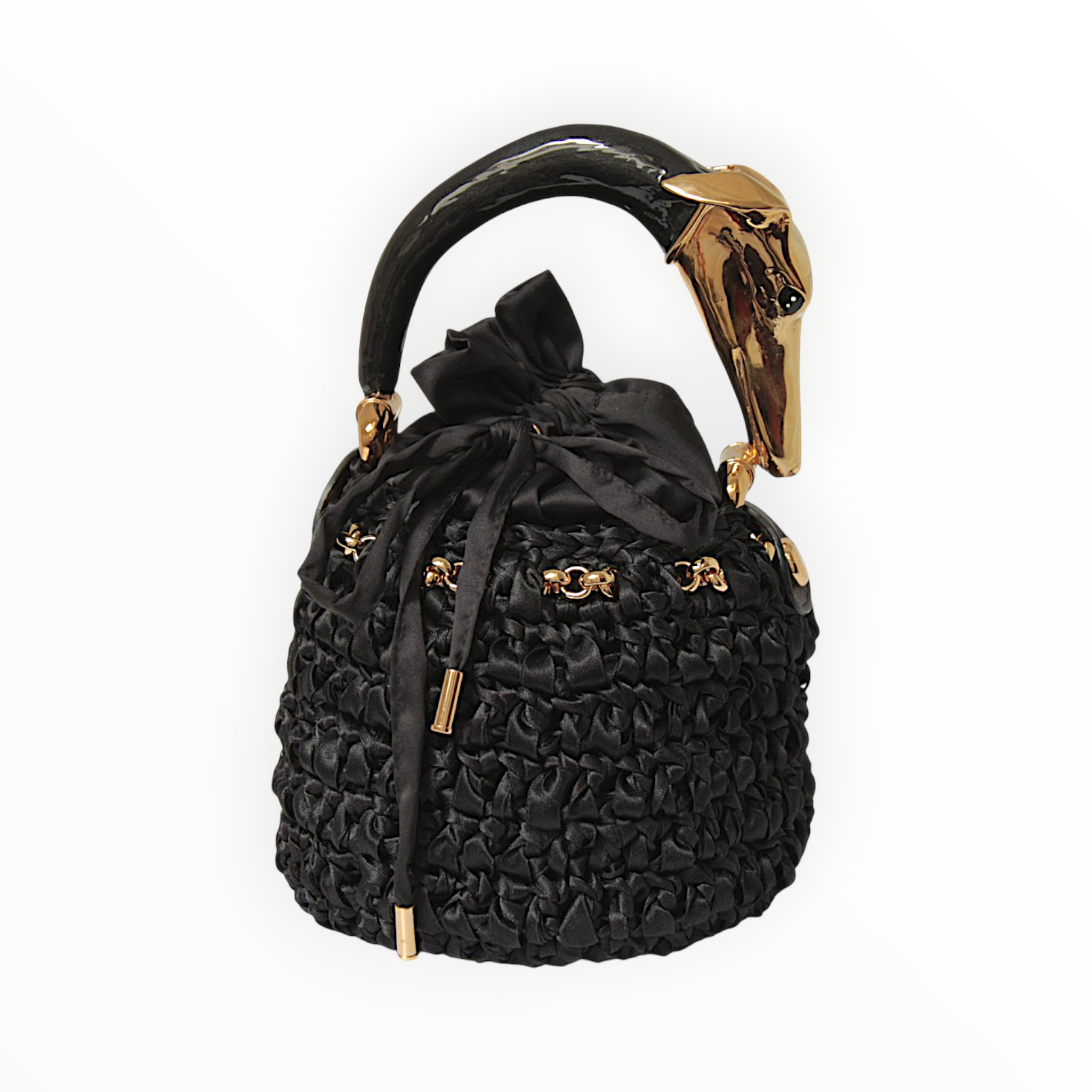 Black bucket bag in crocheted satin with greyhound sculpture handle