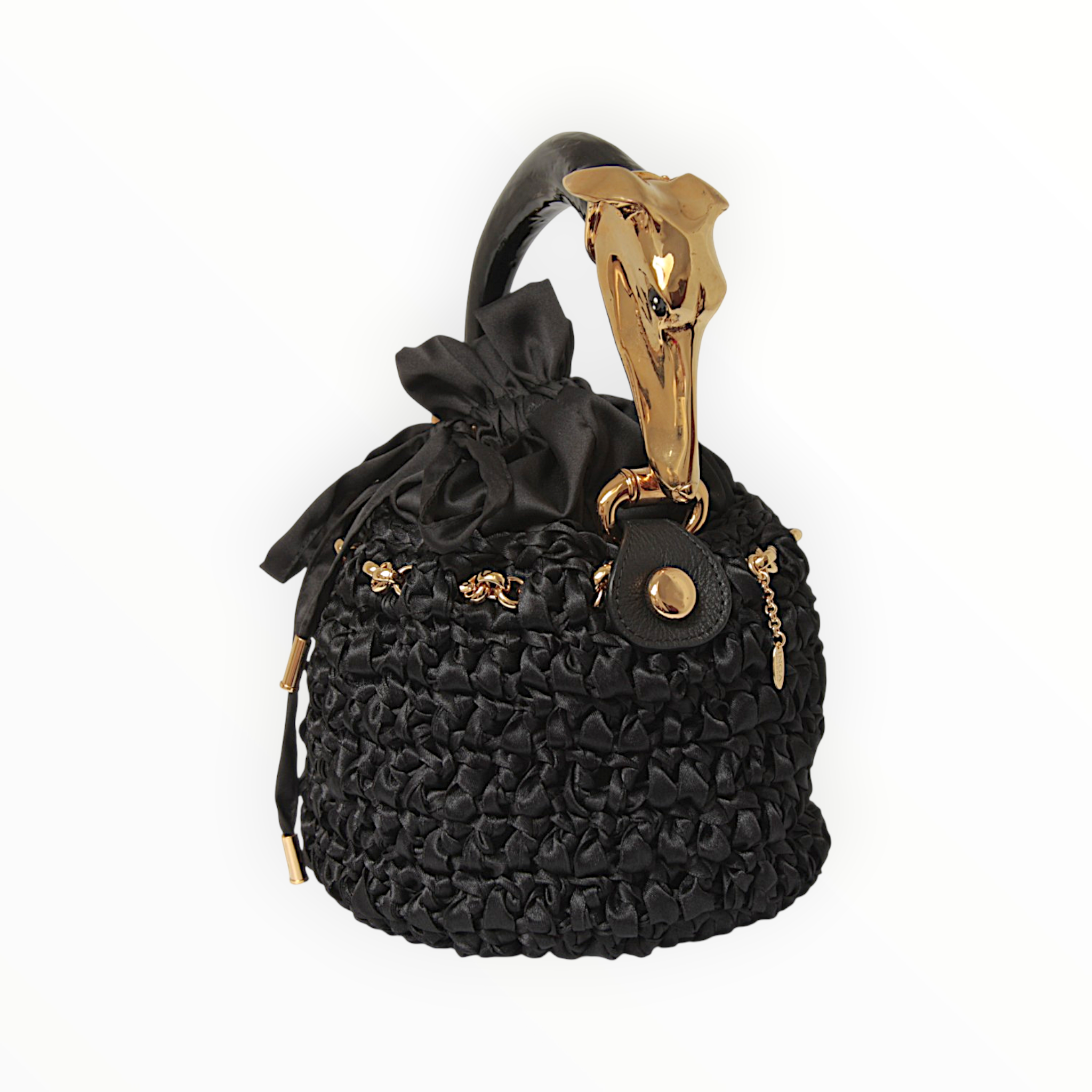 Black bucket bag in crocheted satin with greyhound sculpture handle