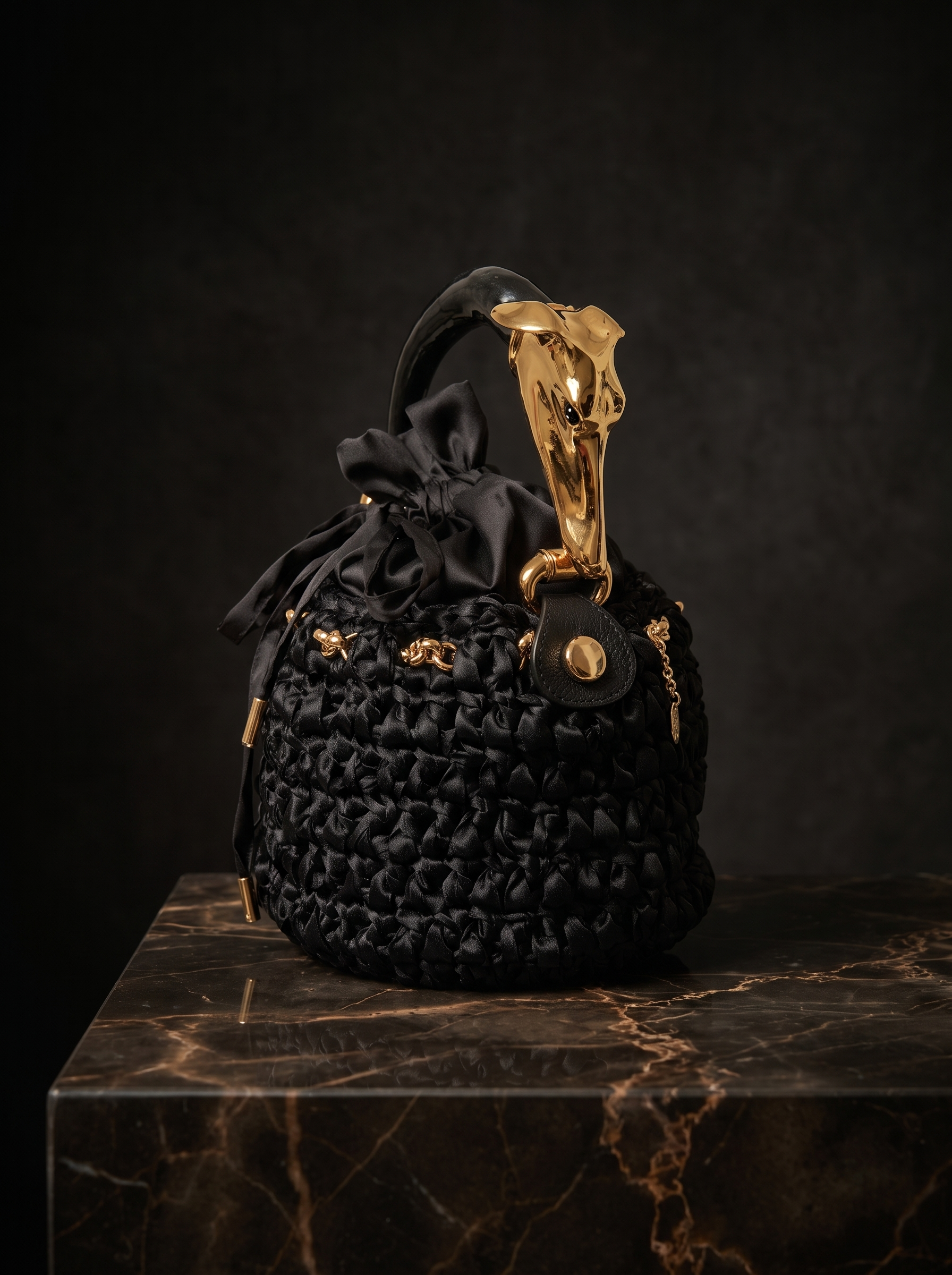 Black bucket bag in crocheted satin with greyhound sculpture handle