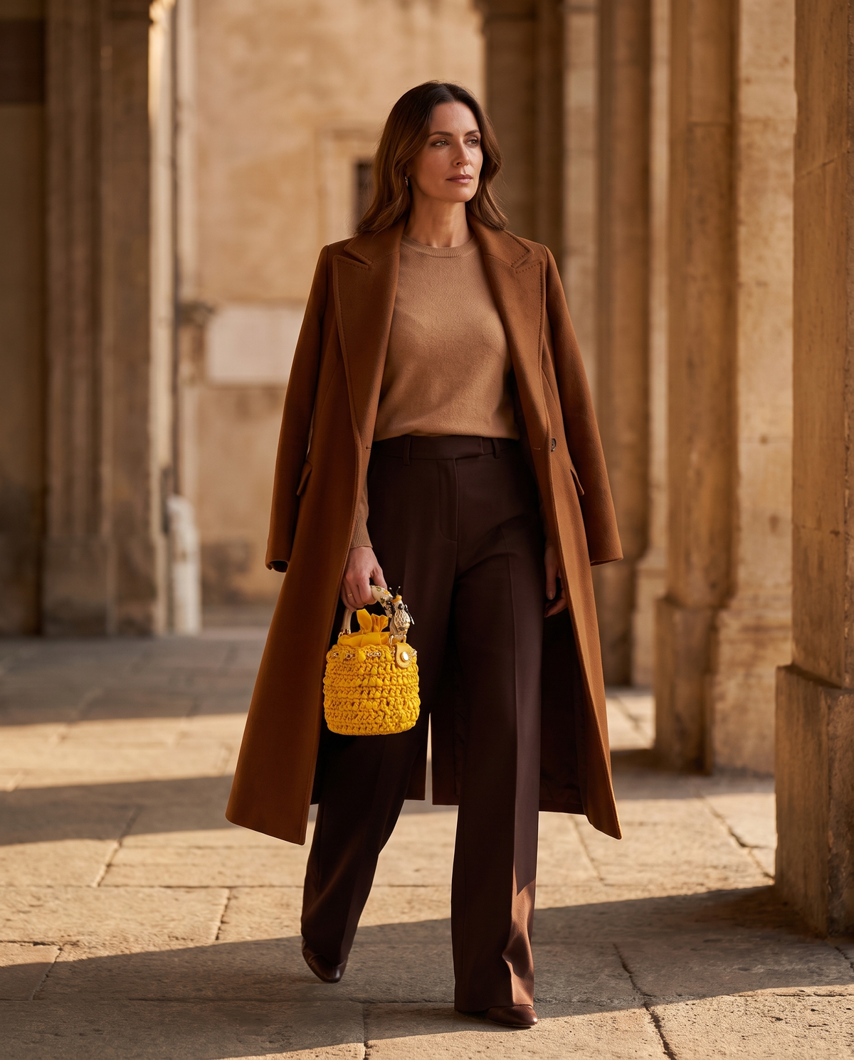 Yellow handcrafted Italian bucket bag with bee sculpture handle styled with an elegant autumn outfit