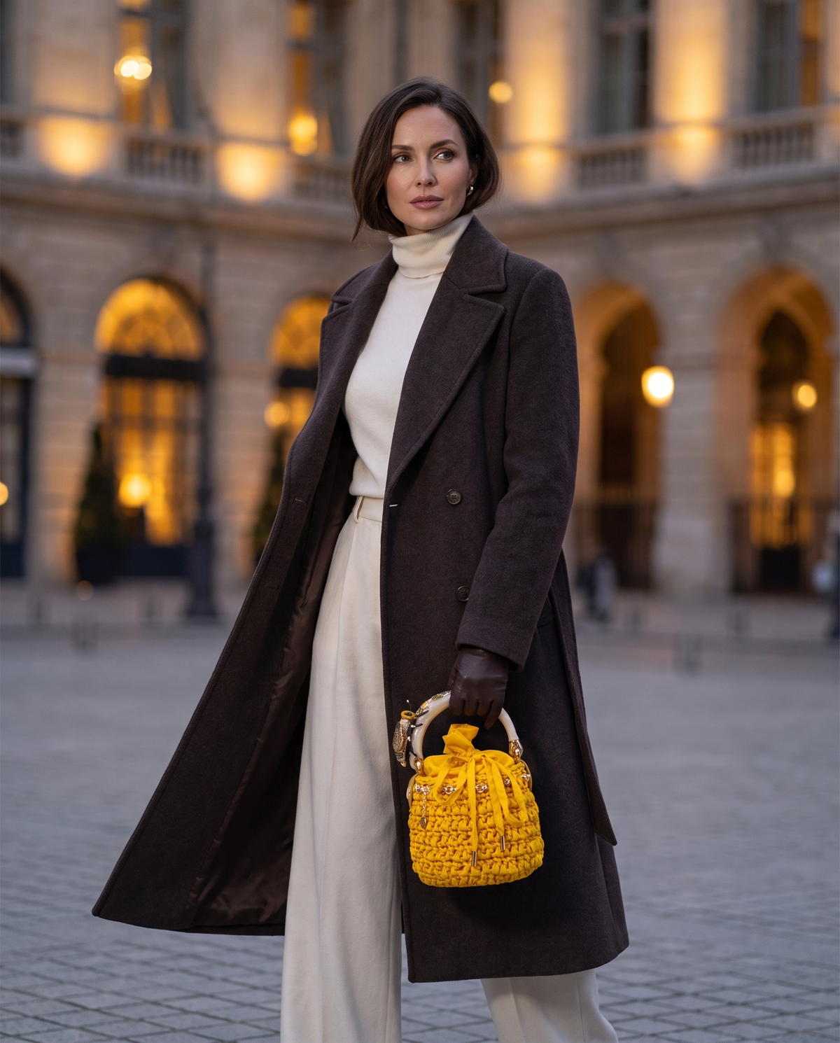Small yellow satin bucket bag with sculptural bee handle carried with a refined winter look