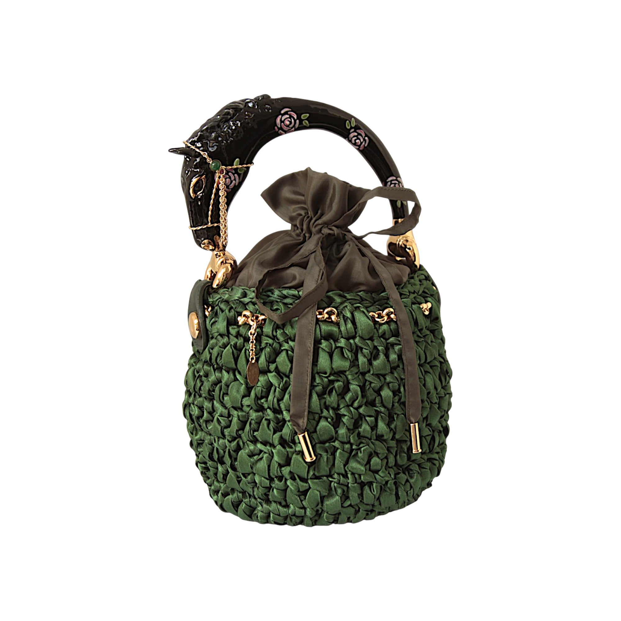 Green Bucket Bag with Black Horse Sculpture Handle
