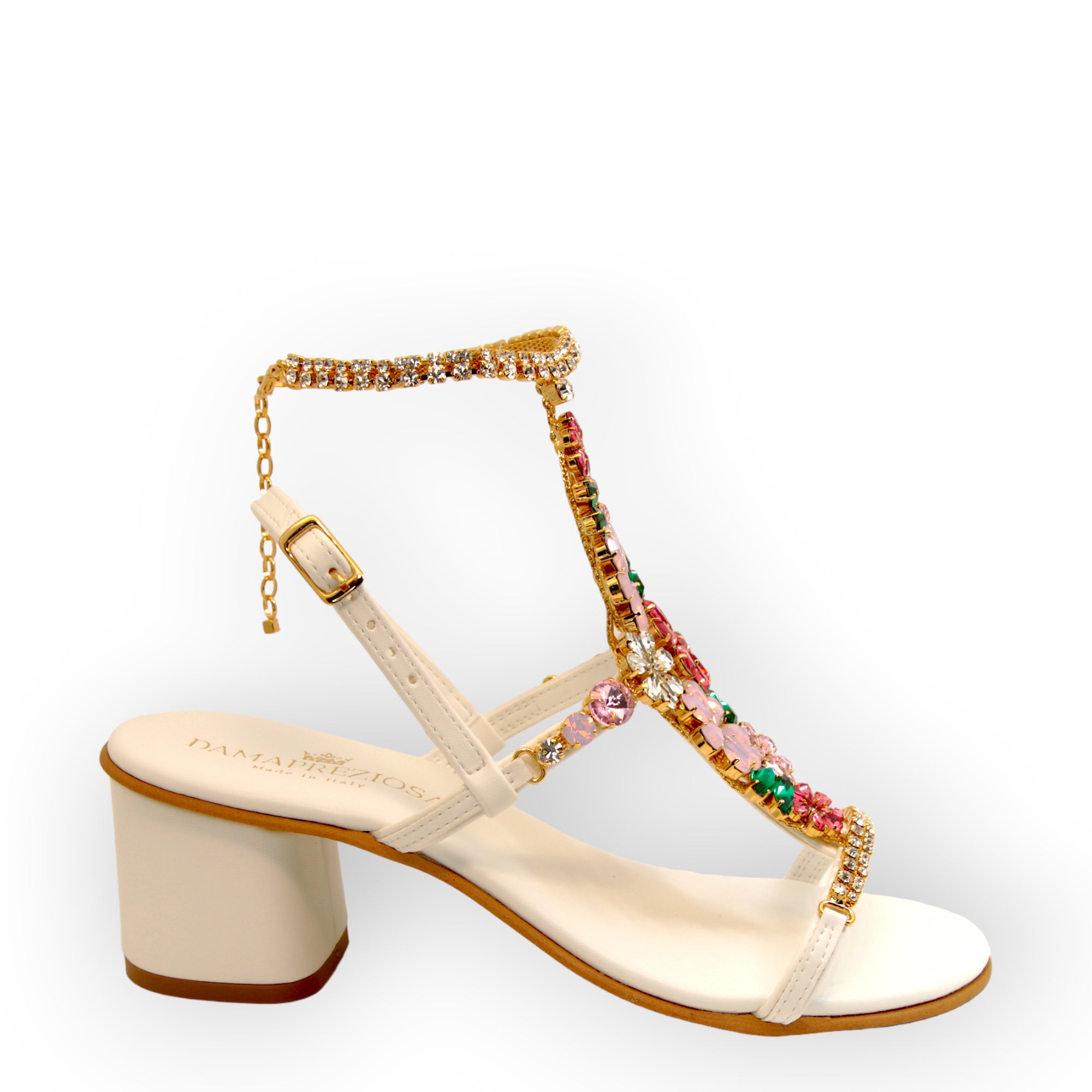 Daisy Bouquet, Jewel Sandal With Crystal Flowers And Block Heel
