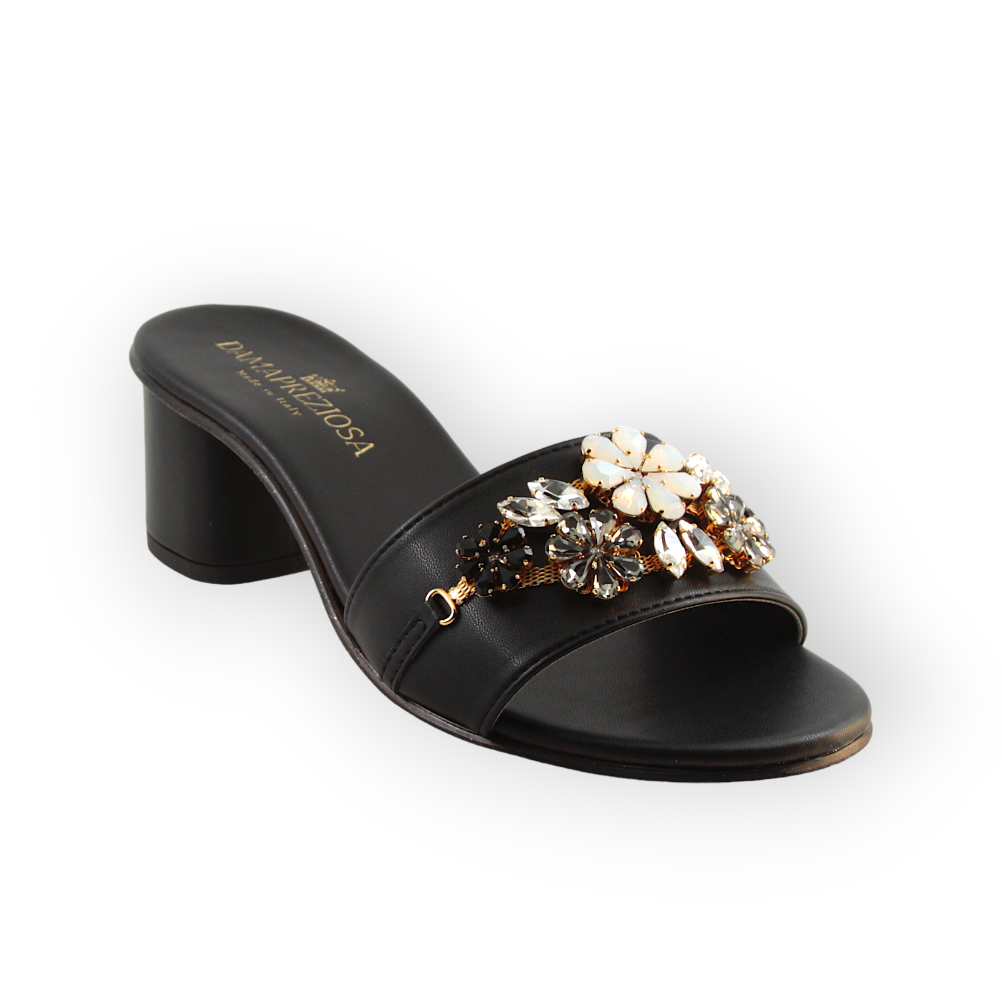 Flora Black Mule Sandals With Crystals