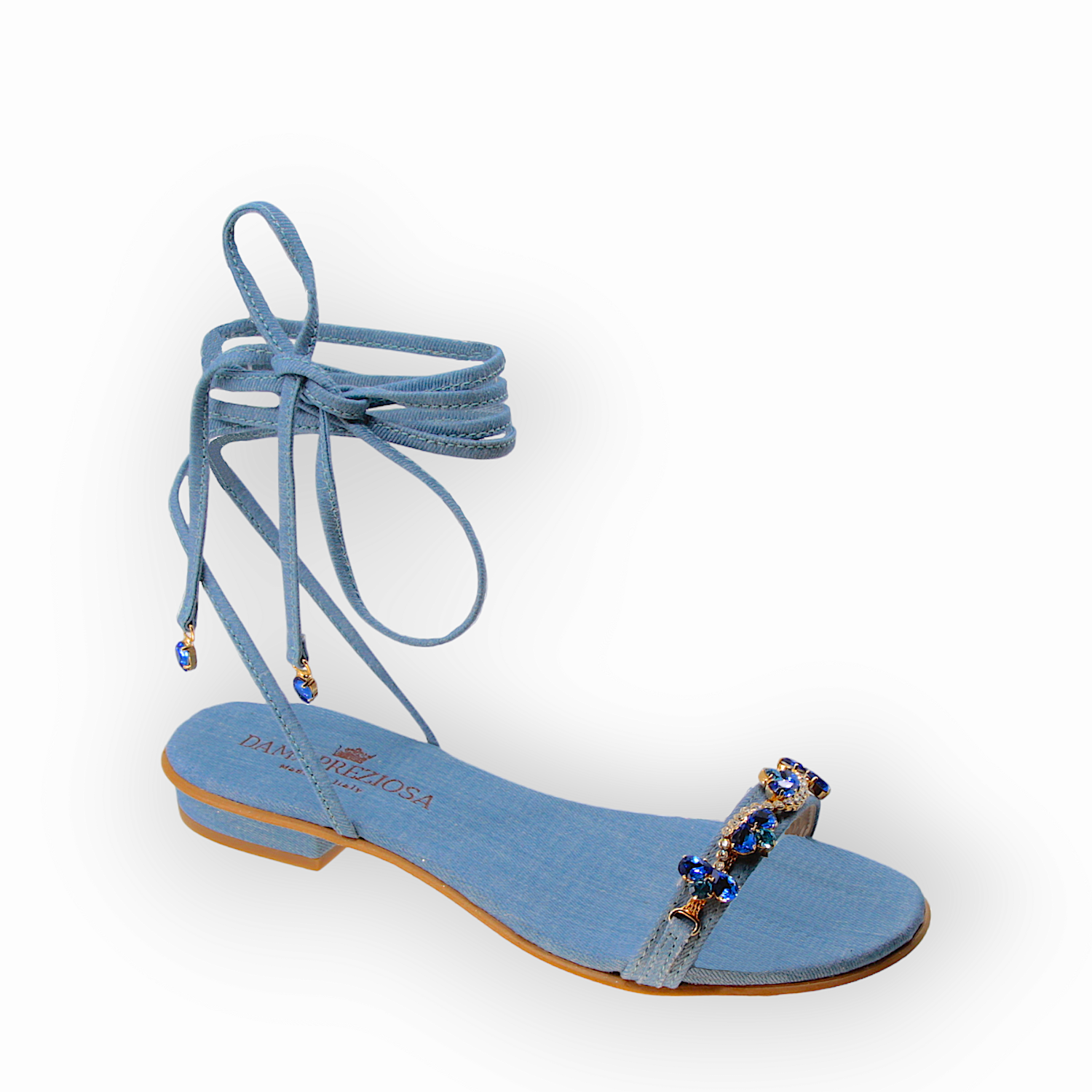 Lulù Light Blue Denim Lace-Up Flat Sandal With Sapphire crystal drops.