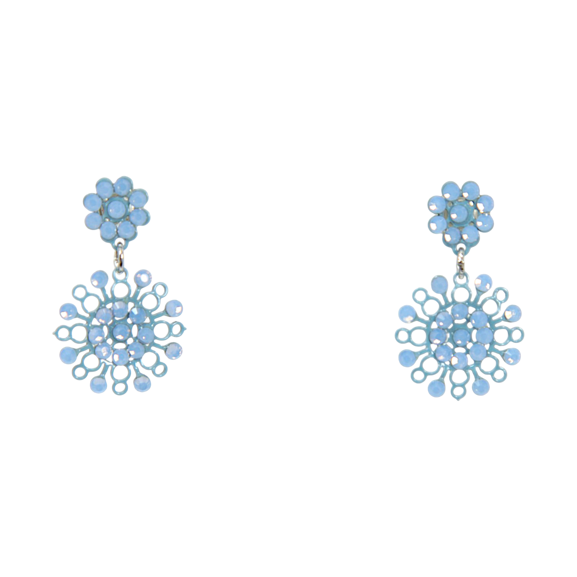 Merletti 04 Petite Drop Earrings in Sky Blue with enamelled metal laminae and crystal embellishments.