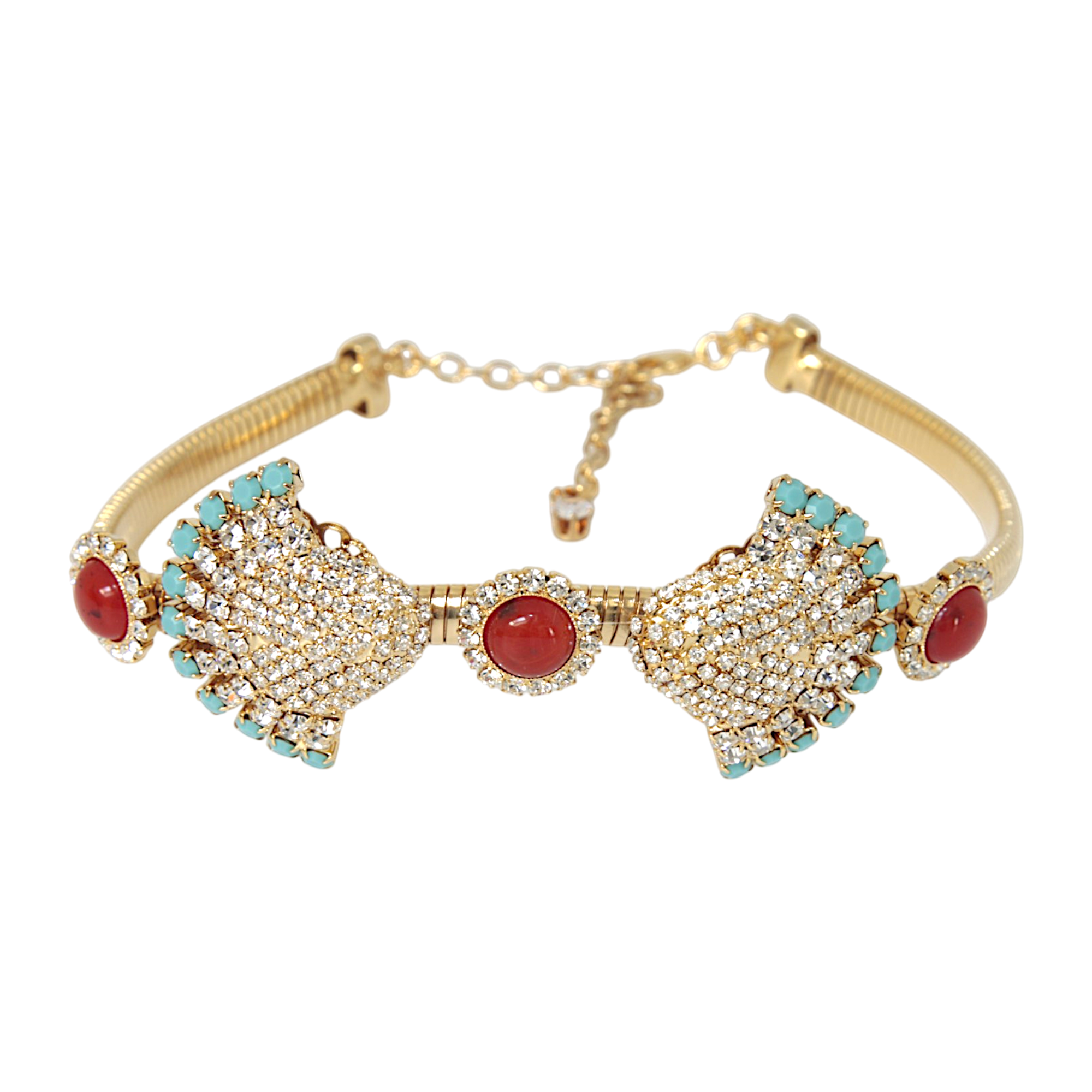 Venere Crystal Choker Necklace with coral cabochons, turquoise accents and crystal embellishments