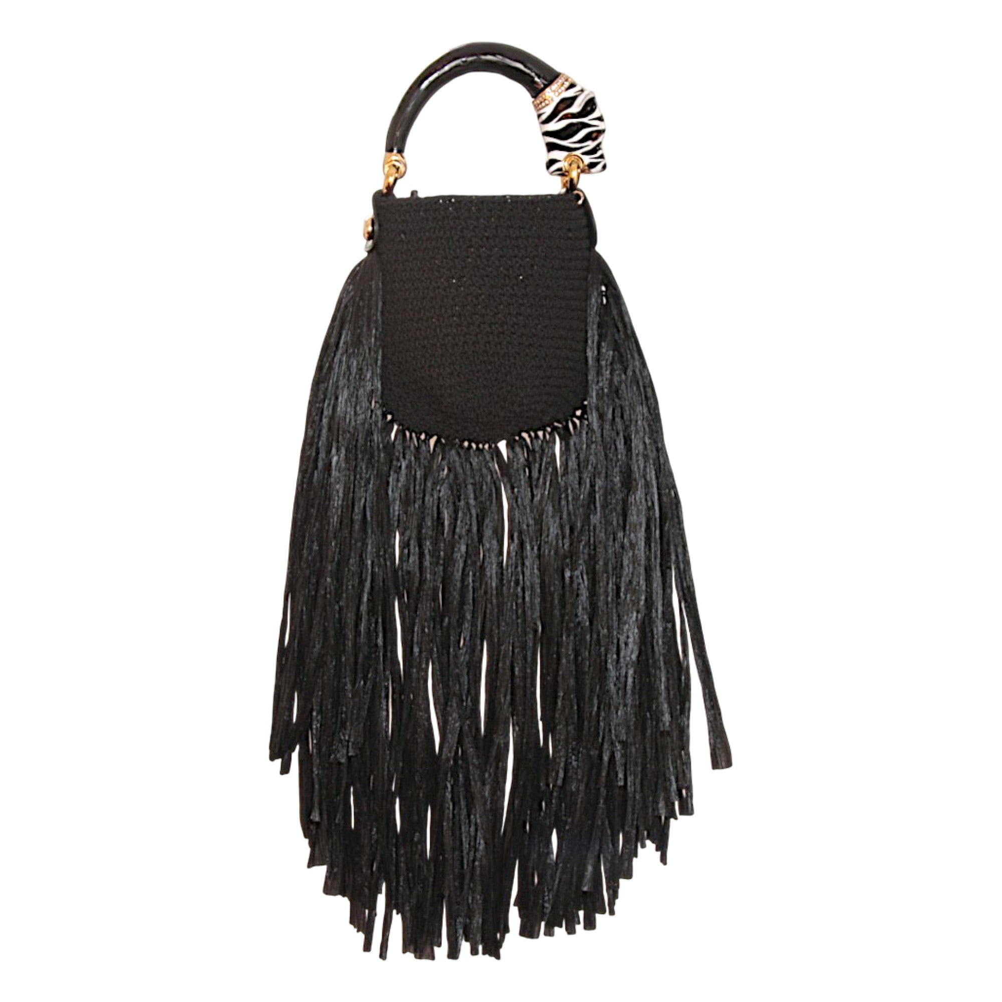Riviera Fringe Bag – Panther B/W Edition from the Saint Tropez Collection, black woven bag with long black raffia fringes and sculptural panther handle.