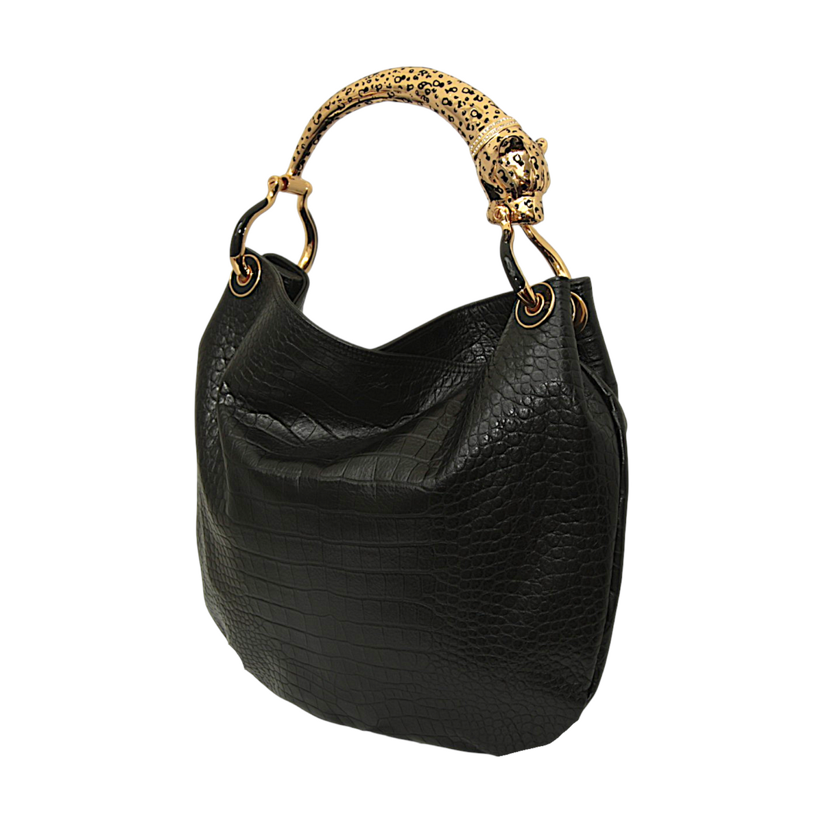 BLACK CROCO PRINTED LEATHER BAG WITH JAGUAR HANDLE