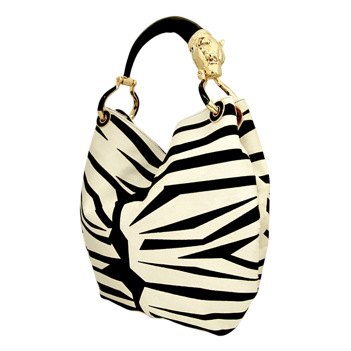 LARGE PRINT LEATHER BAG WITH BLACK PANTHER HANDLE
