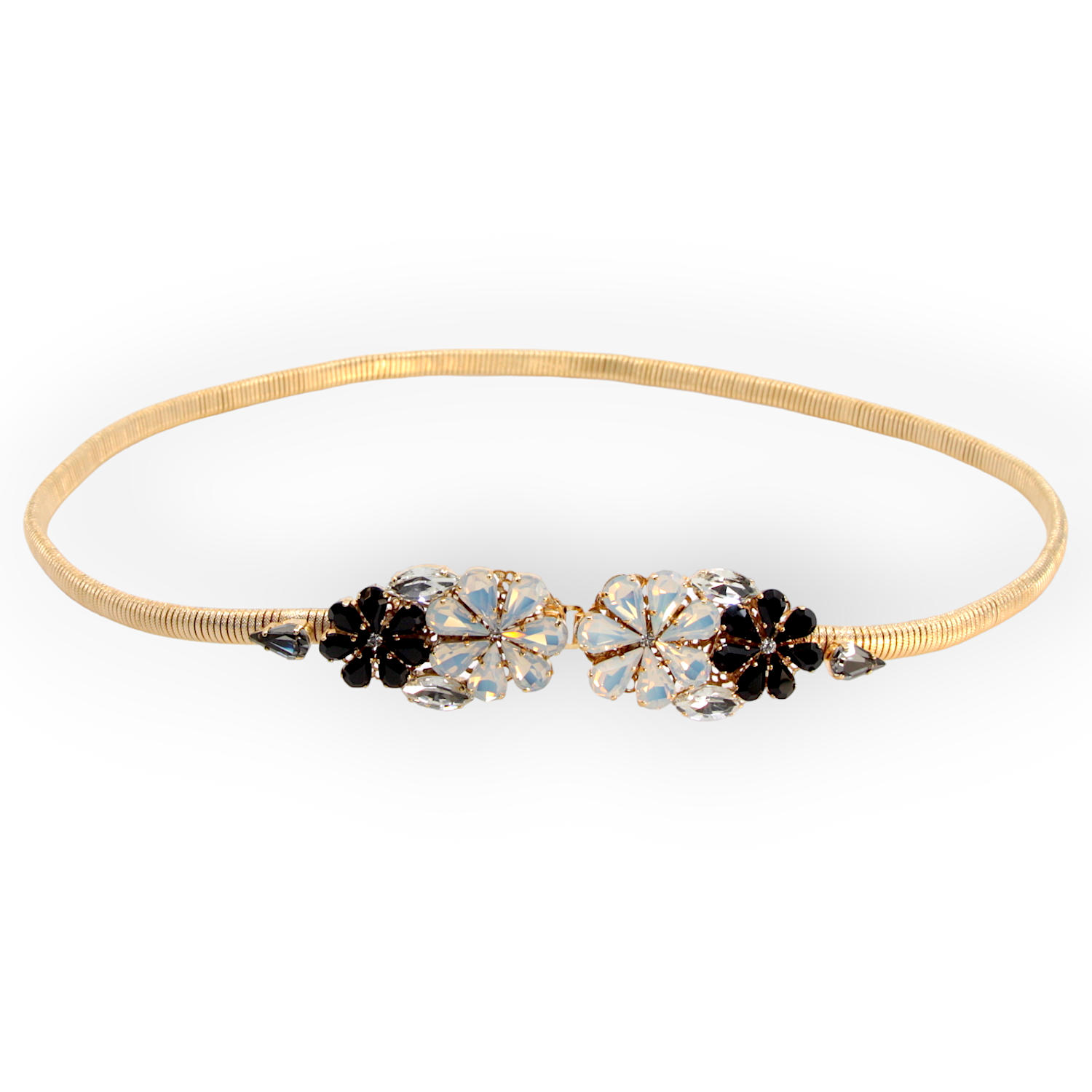 GOLD PLATED STRETCH METAL BELT WITH DAISY BOUQUET CRYSTAL BUCKLE BLACK AND WHITE