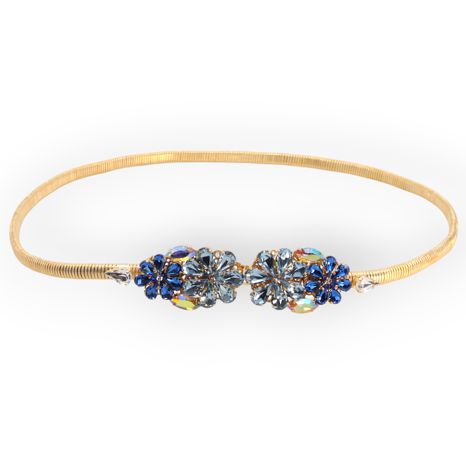 GOLD PLATED STRETCH METAL BELT WITH DAISY BUCKLE IN SAPPHIRE AND AQUAMARINE CRYSTALS