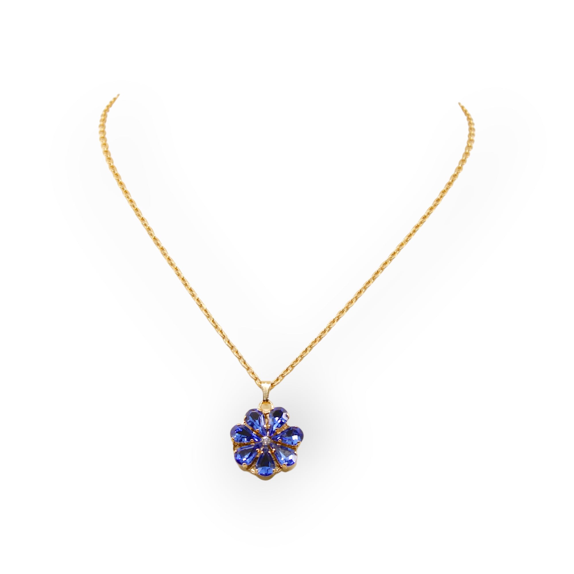 Daisy Pendant Necklace With Crystal Drops In sapphire and aquamarine Shades.