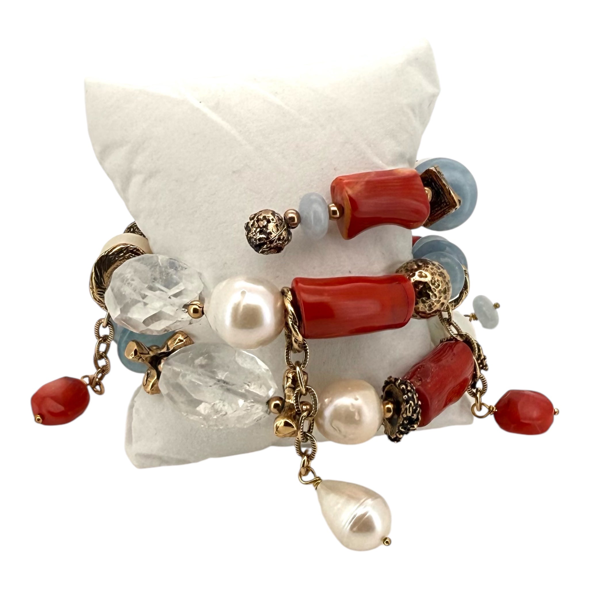 One-of-a-Kind Statement Bracelet in Pearls, Aquamarine & Rock Crystal – Handmade in Italy