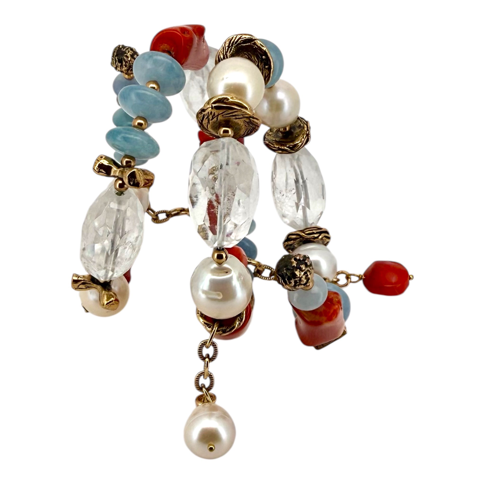 One-of-a-Kind Statement Bracelet in Pearls, Aquamarine & Rock Crystal – Handmade in Italy