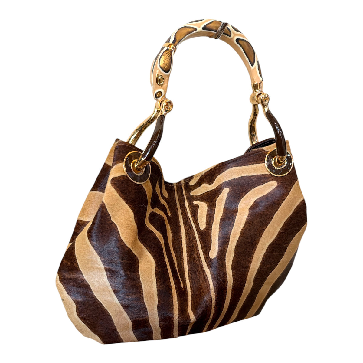 brown zebra-print pony hair medium handbag with snake  sculpture handle