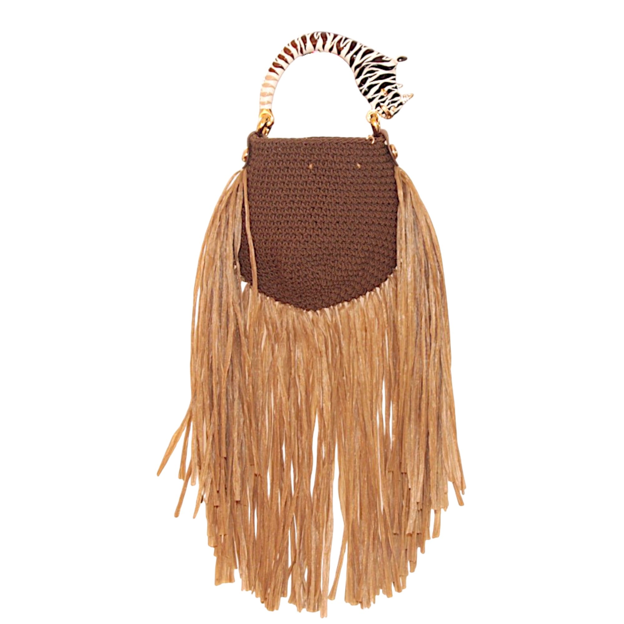Handwoven textile and raffia bag with dramatic fringes and rhinoceros-inspired sculptural handle. Part of the Saint Tropez Collection selected by INGASIRMIONE.