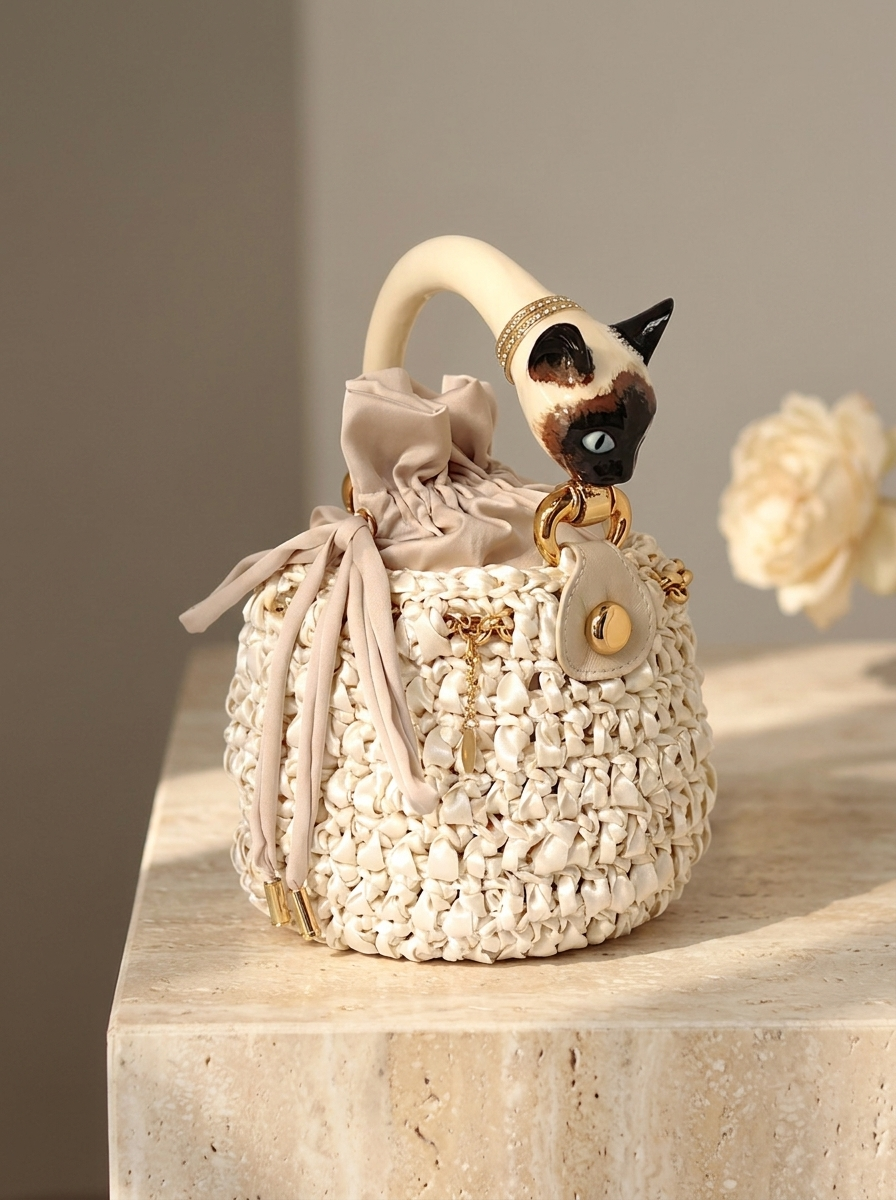Handmade Italian ivory bucket bag with sculptural cat handle