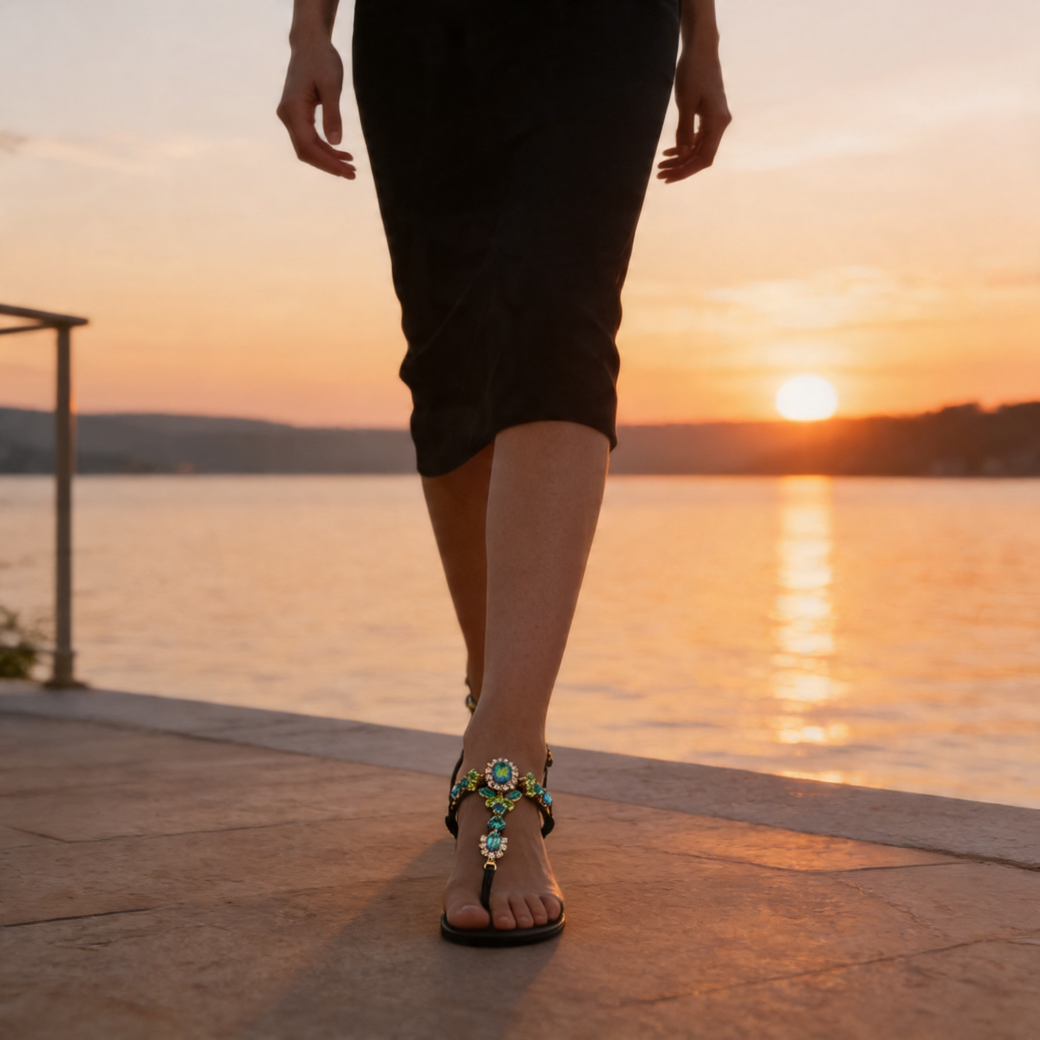 Sofia Black Jewel Sandal with green and crystal embellishments handmade in Italy
Elegant black jewel sandal with emerald aqua and crystal decorative details
Refined DAMAPREZIOSA sandal born in Sirmione with luminous green jewel embellishments