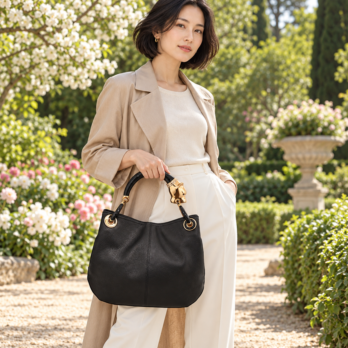 Woman carrying the INGA black leather medium handbag with black panther sculpture handle, styled for autumn.