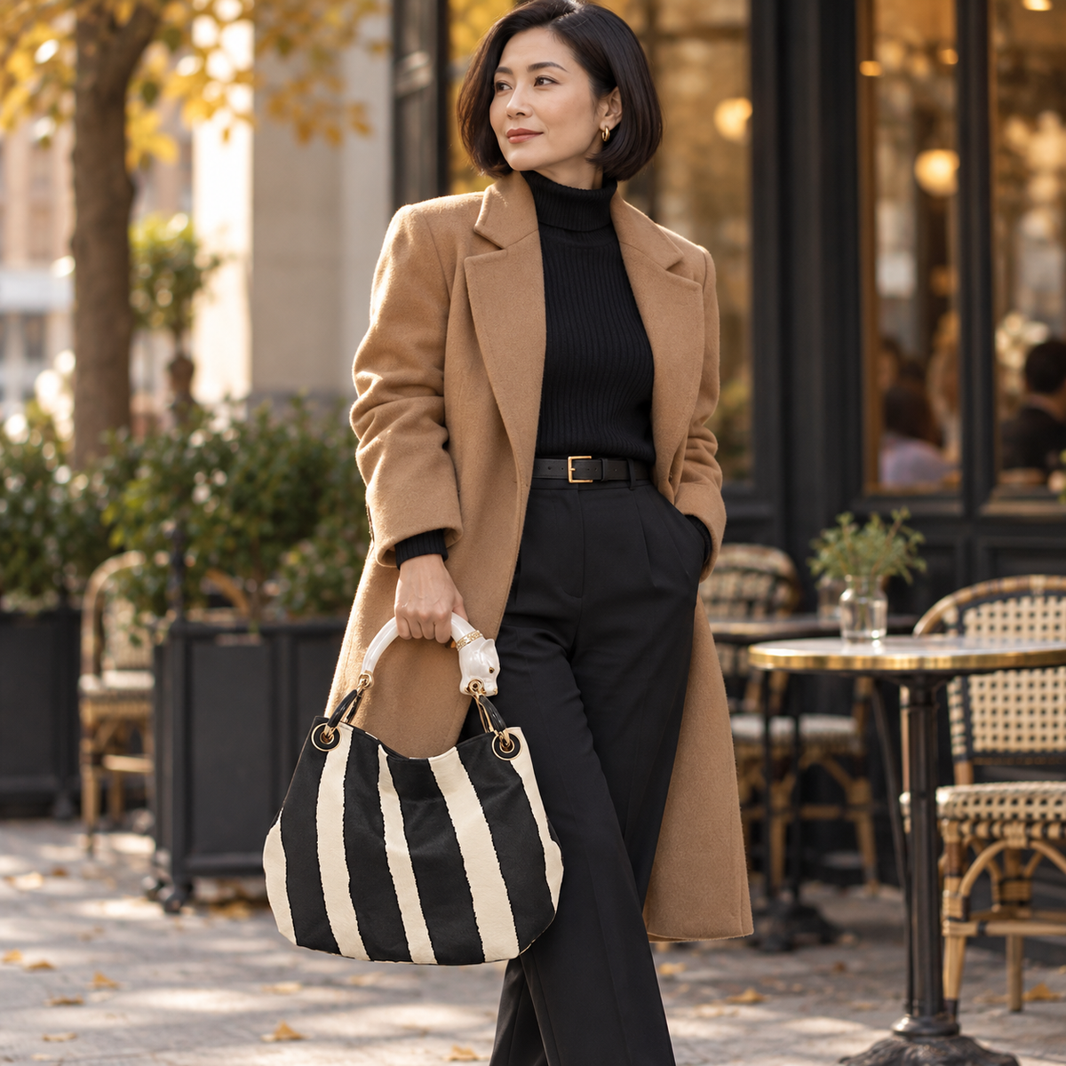 Woman carrying the INGA black and ivory zebra-print pony hair medium handbag with pearl panther sculpture handle, styled for autumn.