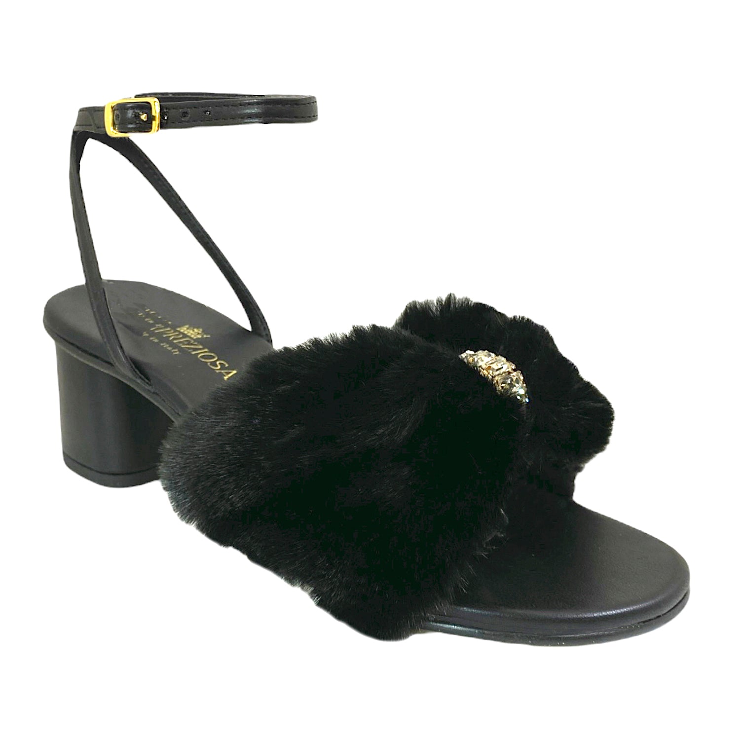 Camilla sandal in black faux fur with crystals