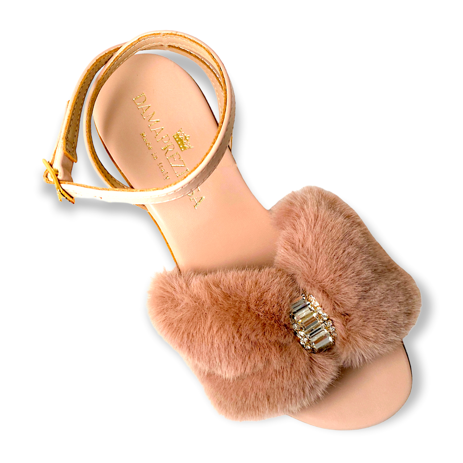 Camilla sandal in nude pink faux fur with crystals