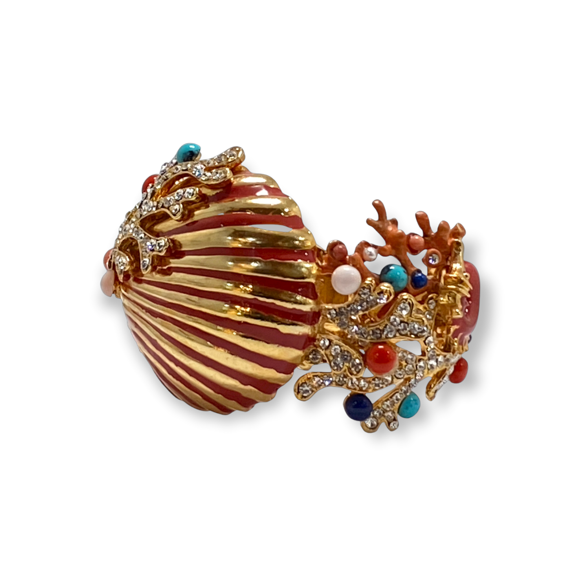 Made in Italy. Carlo Zini Magnificent bracelet with a coral reef theme Hypoallergenic rhodium plated in 18 KT gold and multicolor enamels elegant construction in swarovski crystals, pearls and multicolored resins 100% handmade