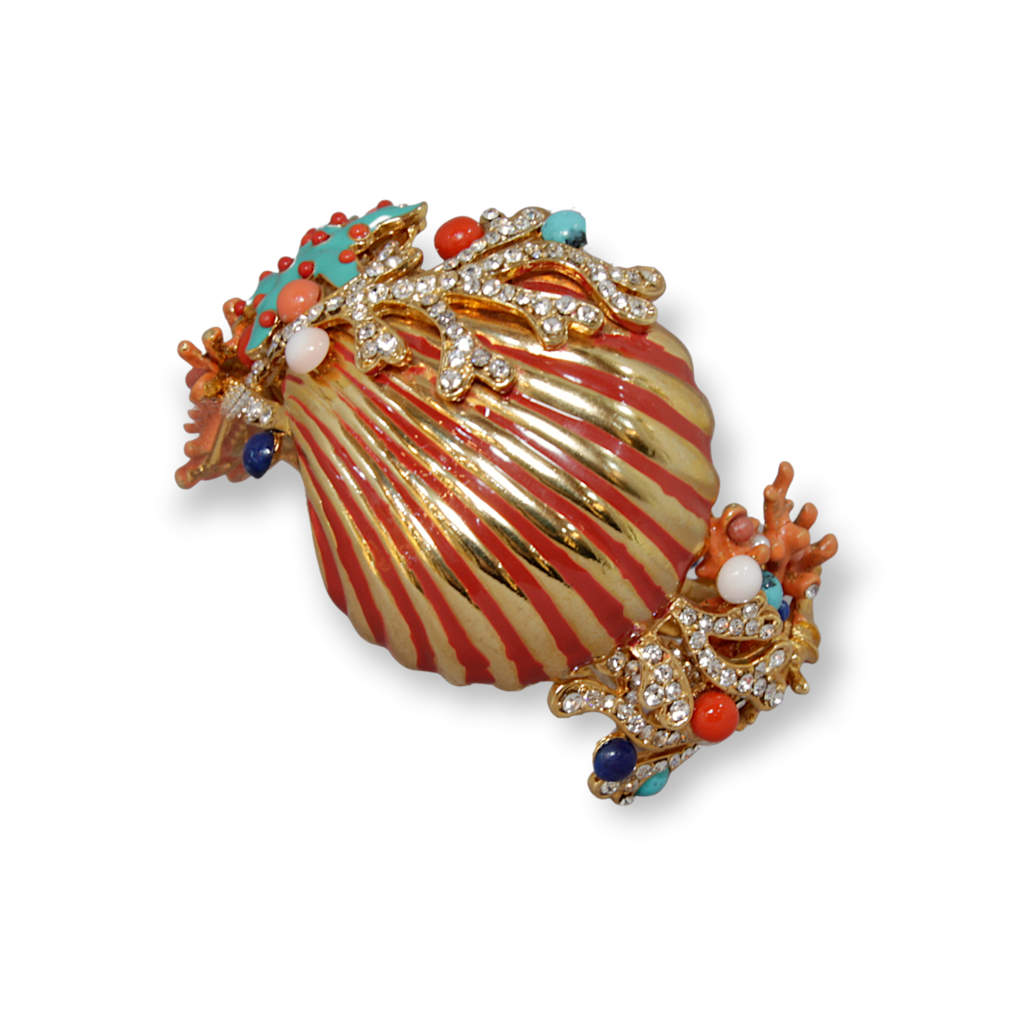 Made in Italy. Carlo Zini Magnificent bracelet with a coral reef theme Hypoallergenic rhodium plated in 18 KT gold and multicolor enamels elegant construction in swarovski crystals, pearls and multicolored resins 100% handmade