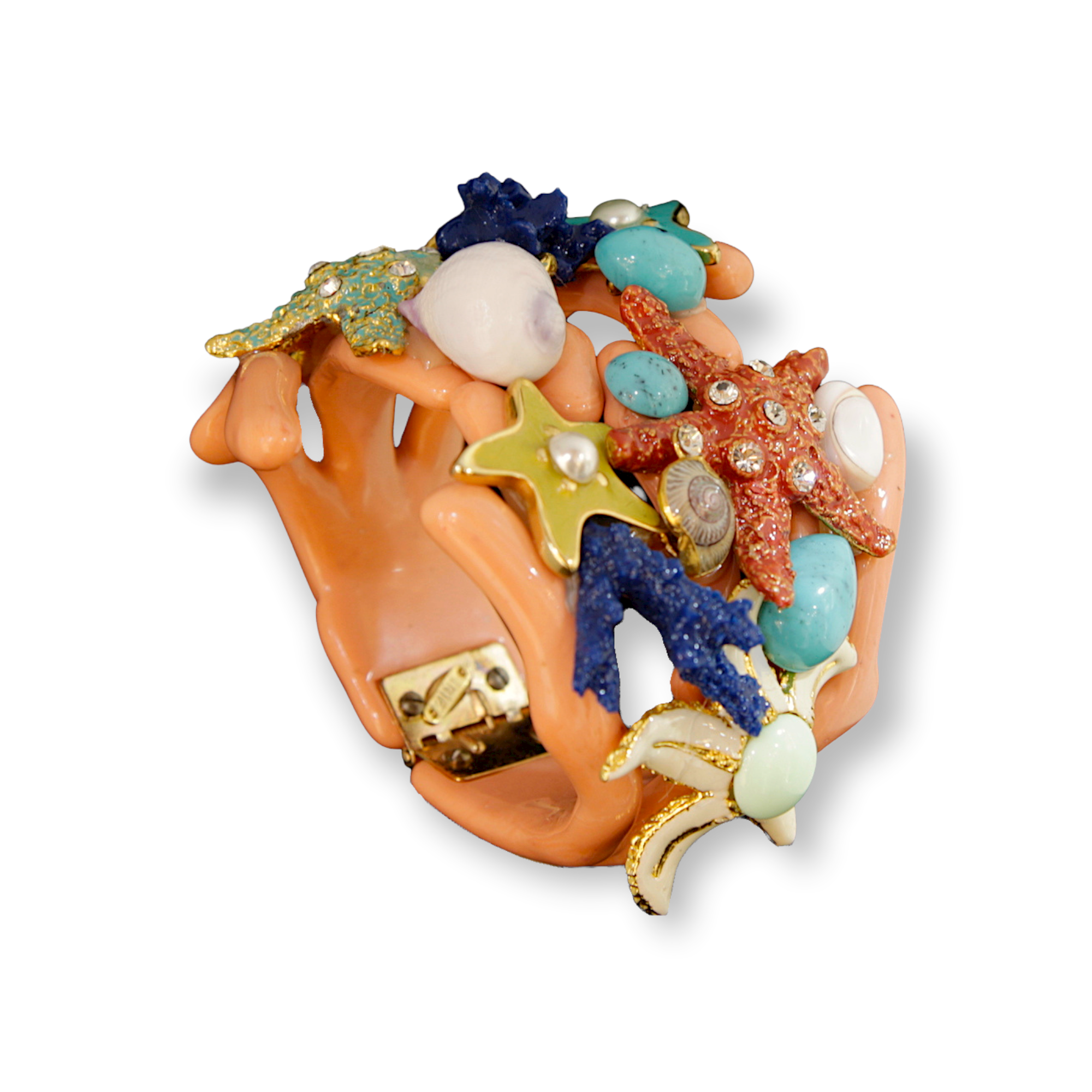 Made in Italy. Carlo Zini Magnificent bracelet with a coral reef theme Hypoallergenic rhodium plated in 18 KT gold and multicolor enamels elegant construction in swarovski crystals, pearls and multicolored resins 100% handmade 