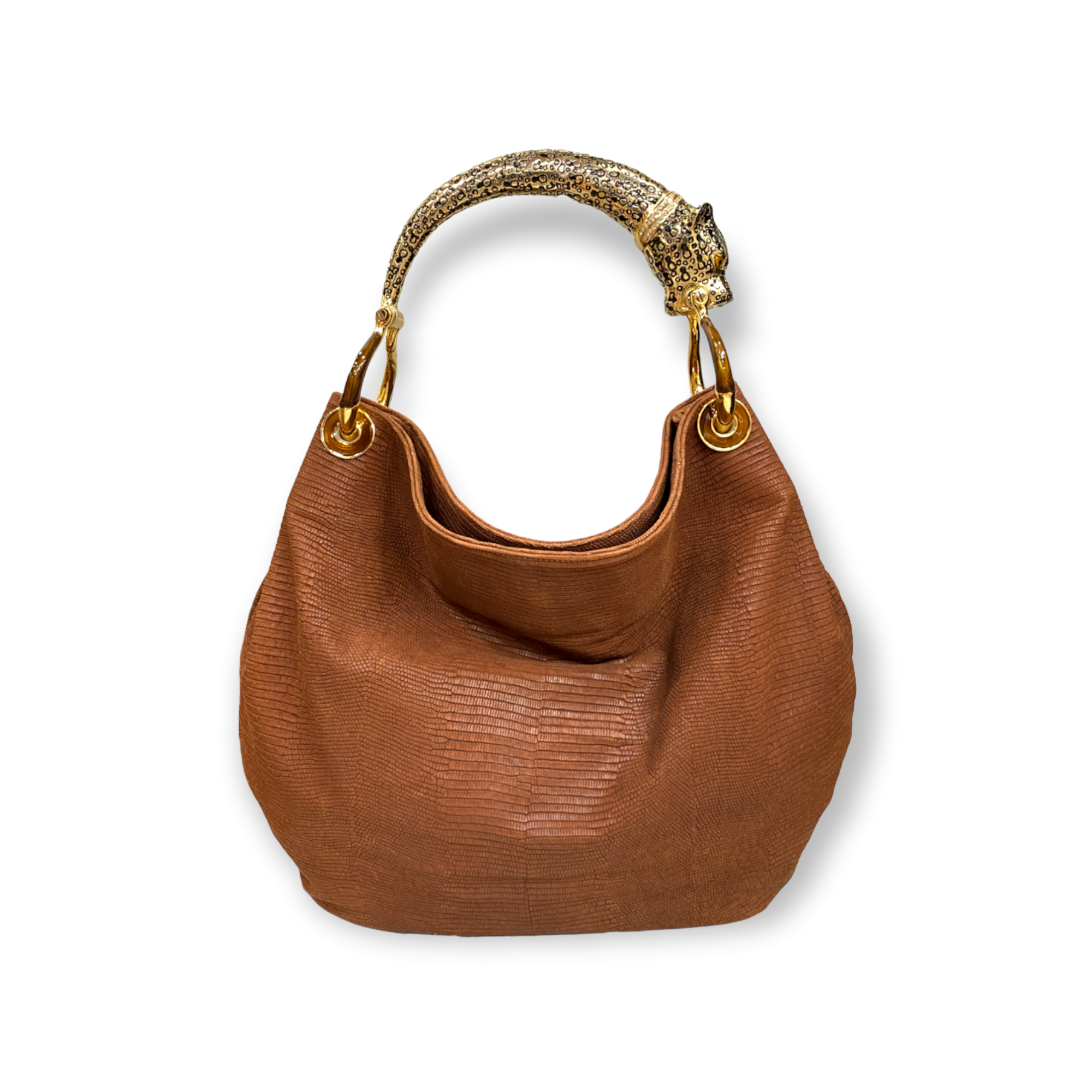 GRANDE BORSA IN MORBIDA PELLE STAMPATA CON MANICO GIAGUARO CREART2 SMALTO PLACCATO ORO