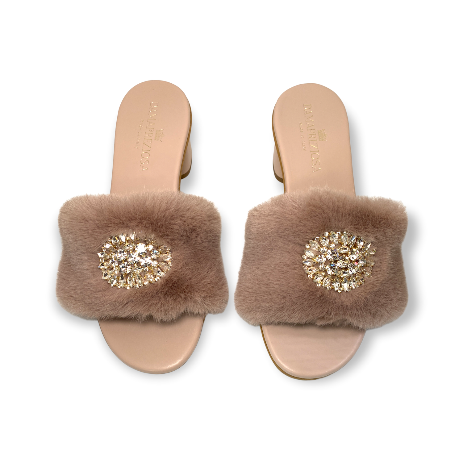 Victoria mule in nude pink faux fur with crystals