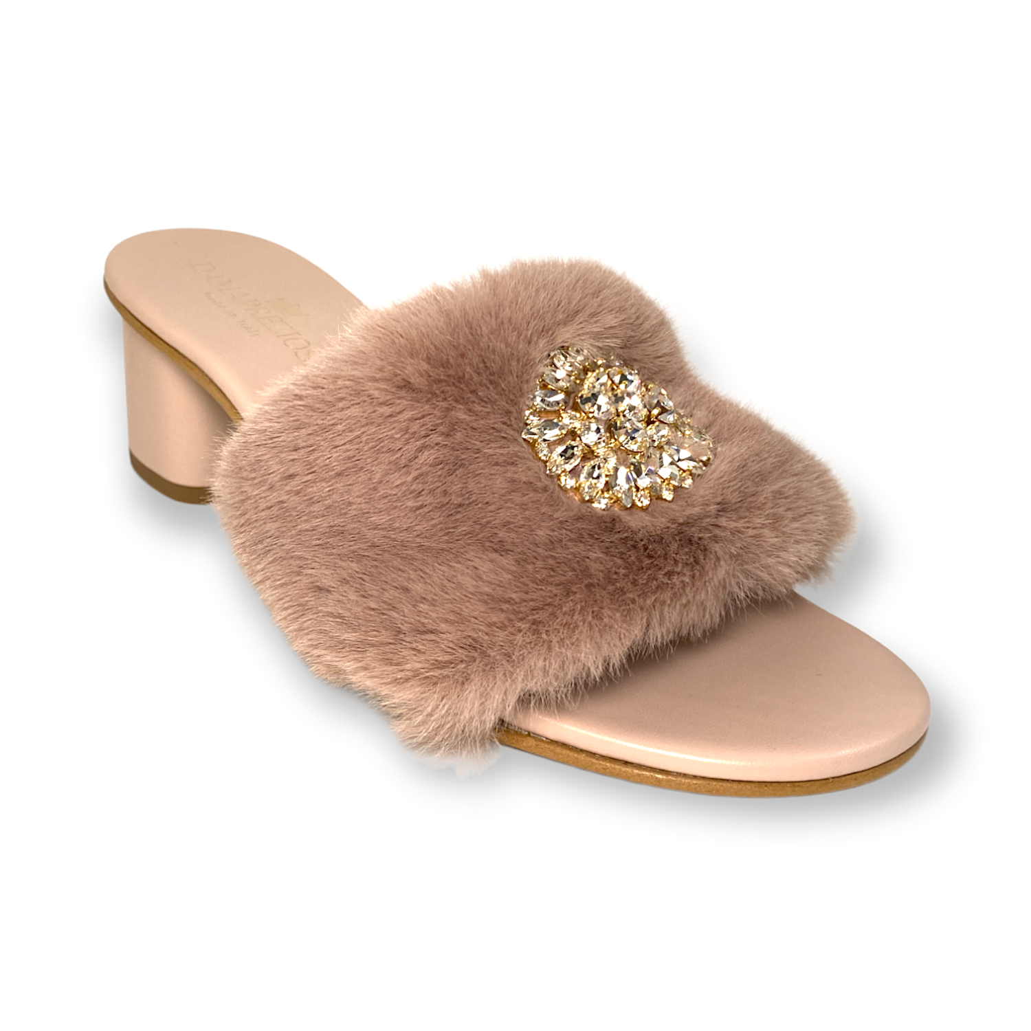 Made in Italy Pink nude soft faux fur and details in tone-on-tone vegan leather embellished with white crystals. Elegant padded insoles in soft pink nude vegan leather to add the comfort you deserve.  5 cm heel covered in nude pink vegan leather.  Damapreziosa logo engraved on soles and insoles. Glittery sole.  PETA approved vegan product, made with non-leather materials following our cruelty-free ethics. Plastic-free, recycled paper boxes and packaging, and organic cotton dust bag